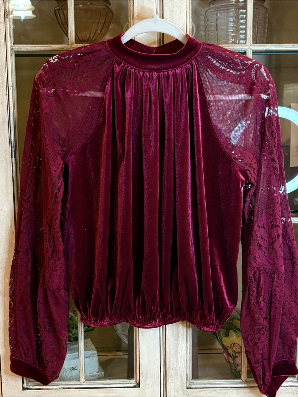 Free People Burgundy Velvet and Lace High-Neck Blouse